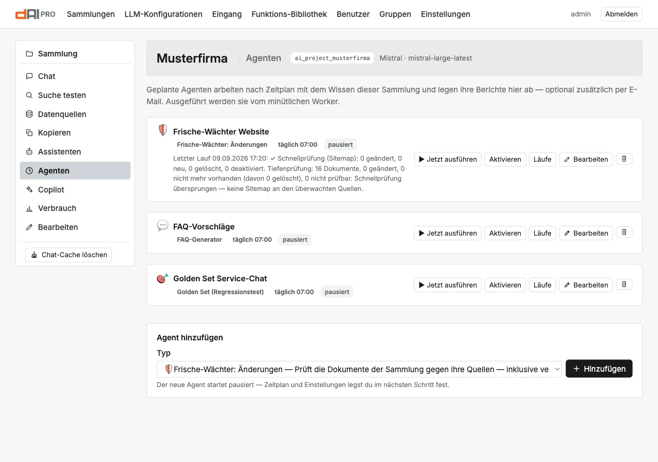 Die Agenten der Musterfirma mit Zeitplan, Status und letztem Lauf