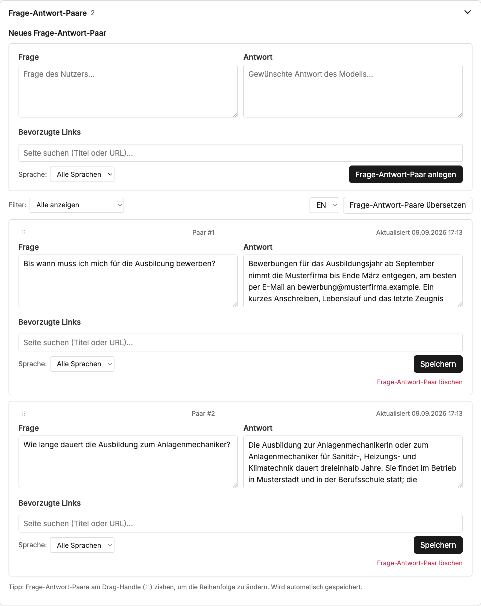 Abschnitt „Frage-Antwort-Paare“ mit dem Formular und den vorhandenen Paaren