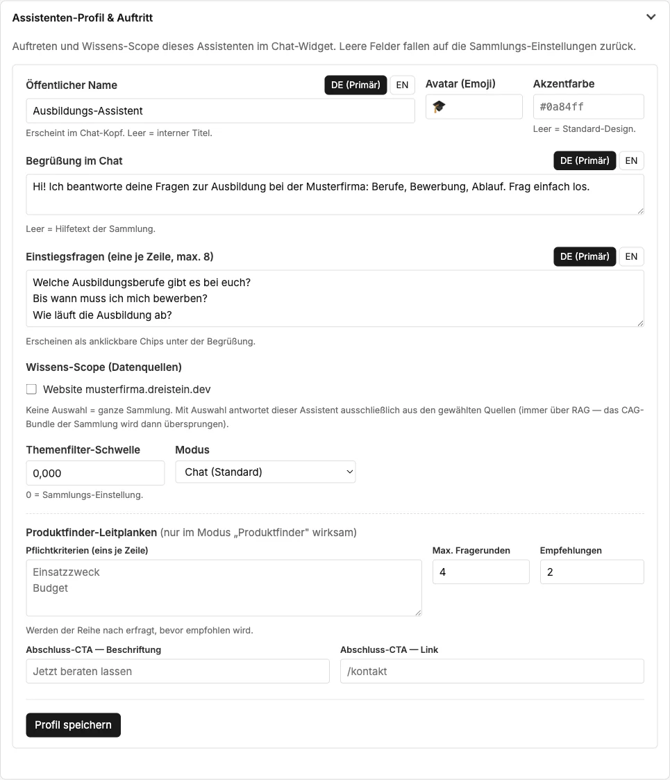 Abschnitt „Assistenten-Profil & Auftritt“