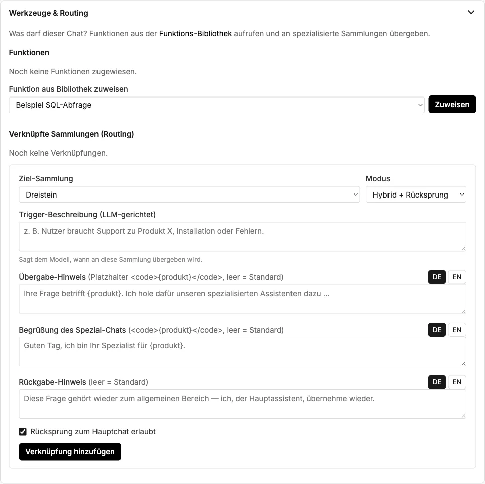 Abschnitt „Werkzeuge & Routing“