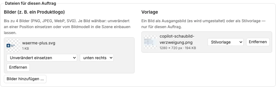 Dateien für diesen Auftrag: ein Logo mit Verwendung und Position, eine Vorlage mit Rolle