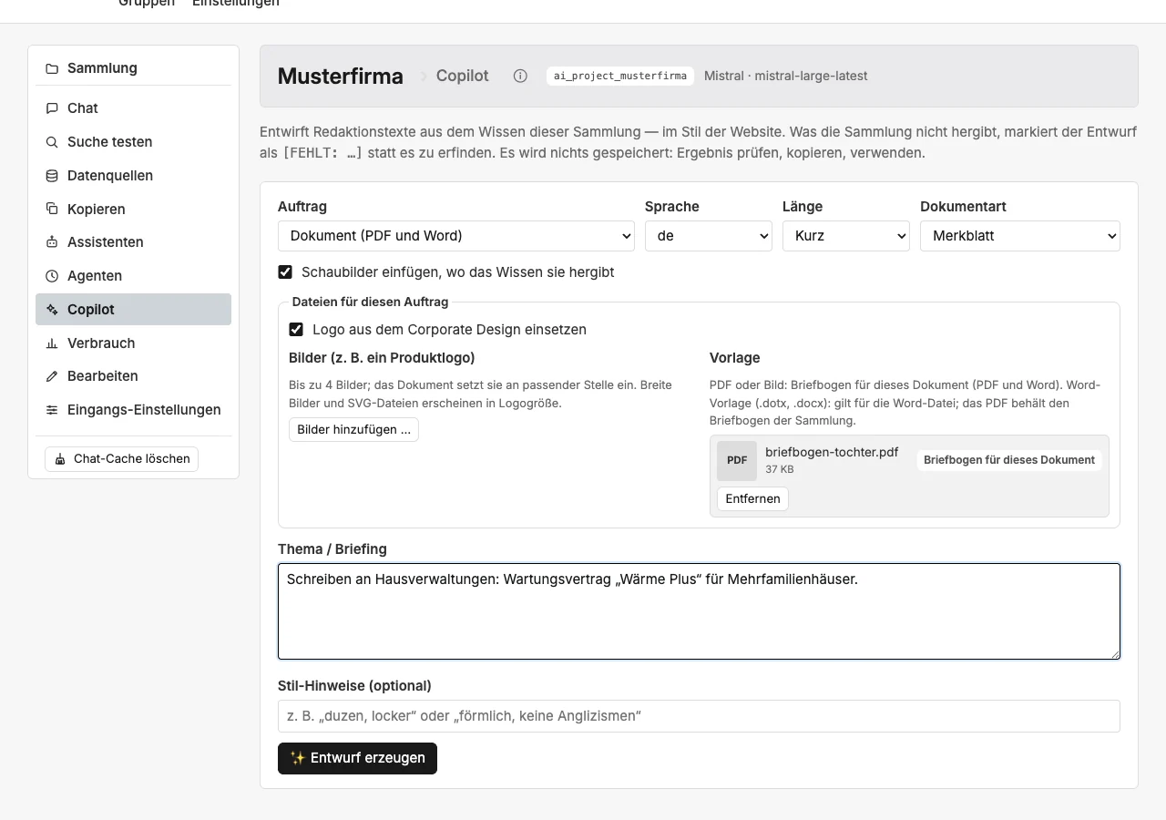 Der Copilot mit Auftrag „Dokument“, Dokumentart, einem Briefbogen unter „Dateien für diesen Auftrag“ und Briefing