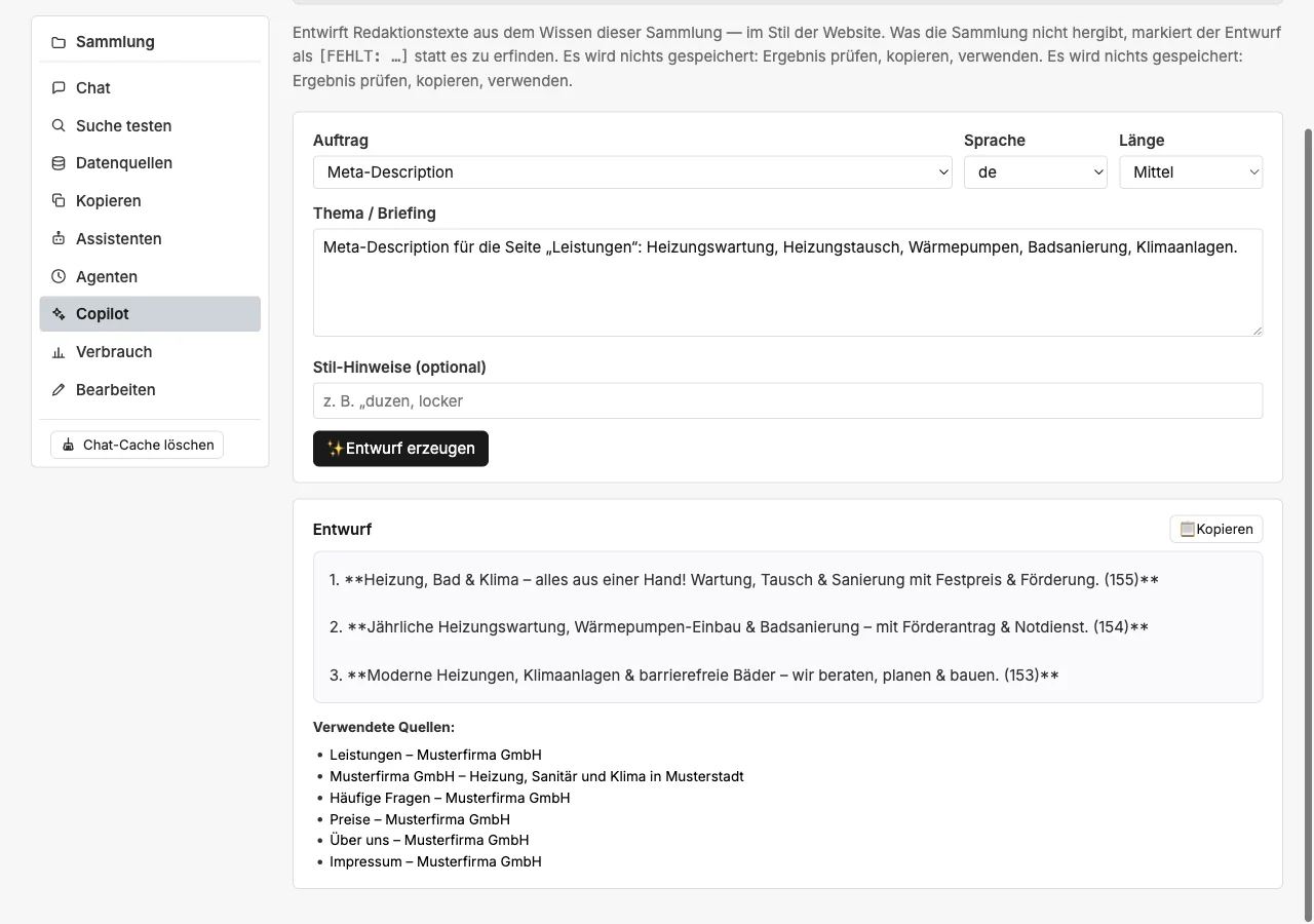 Drei Vorschläge für eine Meta-Description mit Zeichenzahl und Kopieren-Knopf