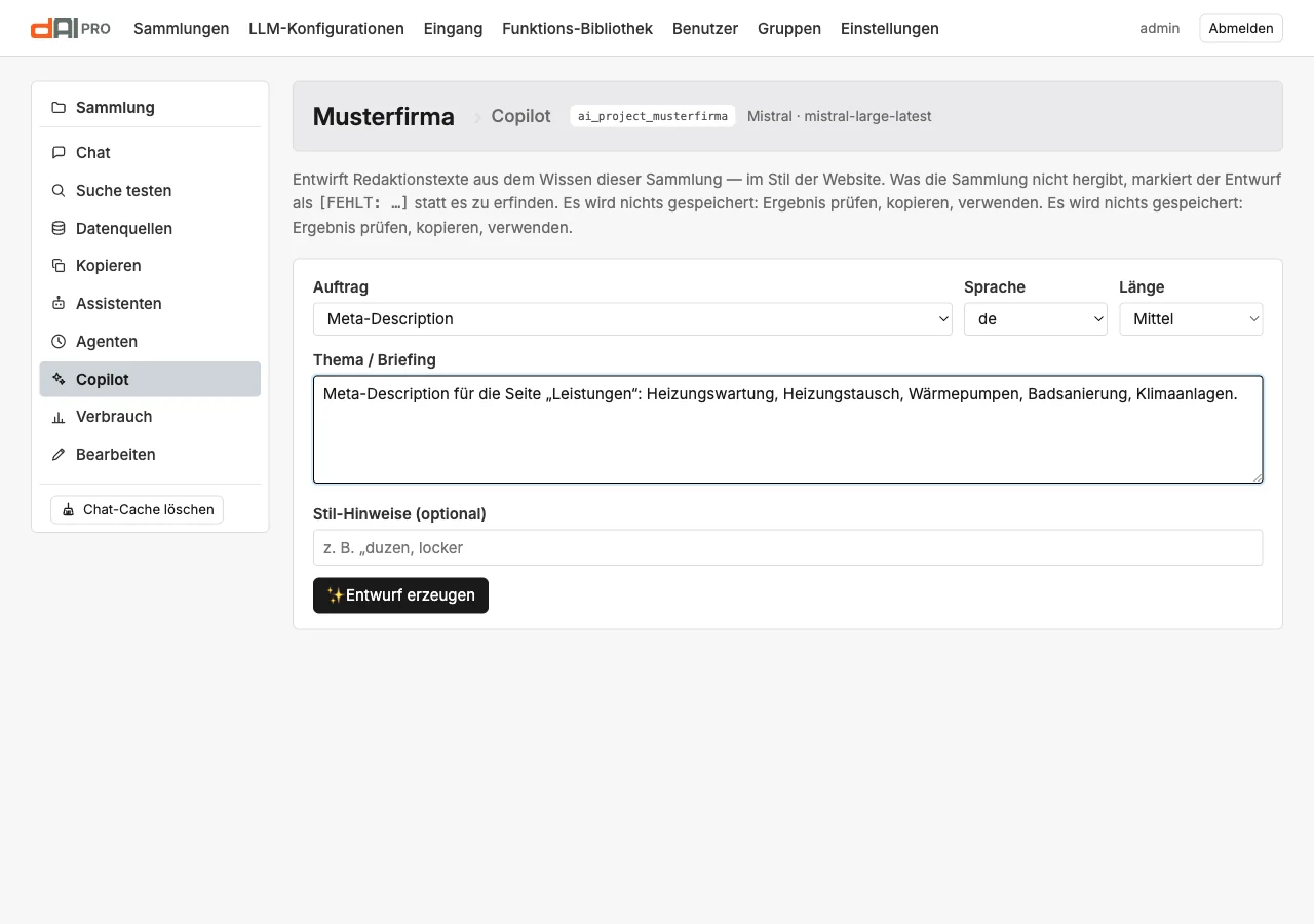Das Copilot-Formular mit Auftrag, Sprache, Länge und Briefing