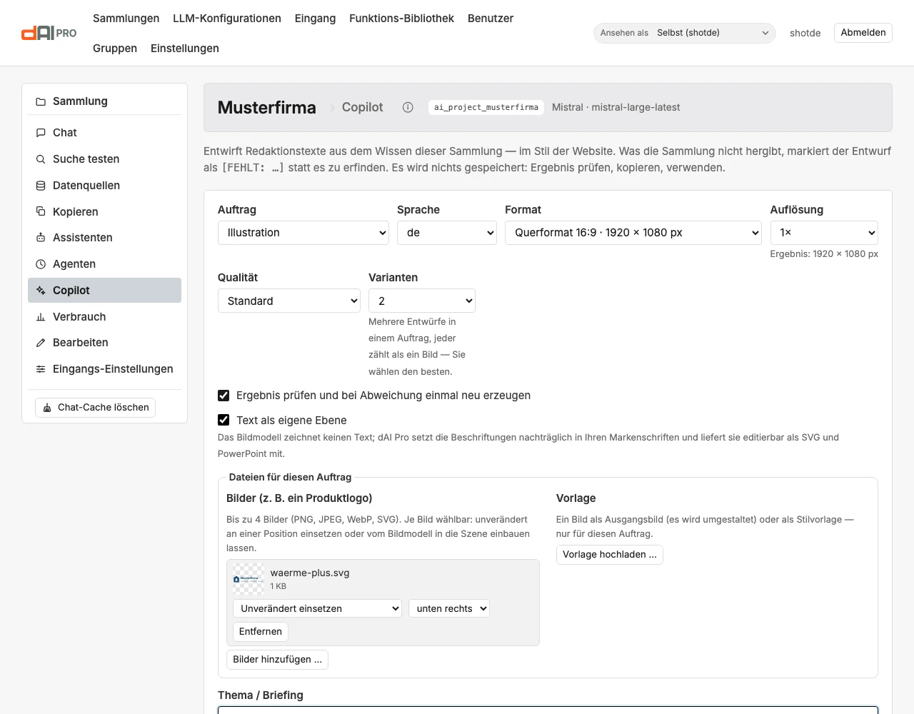 Der Copilot mit Auftrag „Illustration“, Format, Auflösung, Qualität, Varianten, den Haken für Selbstkontrolle und Text als eigene Ebene, einem Logo unter „Dateien für diesen Auftrag“ und Briefing