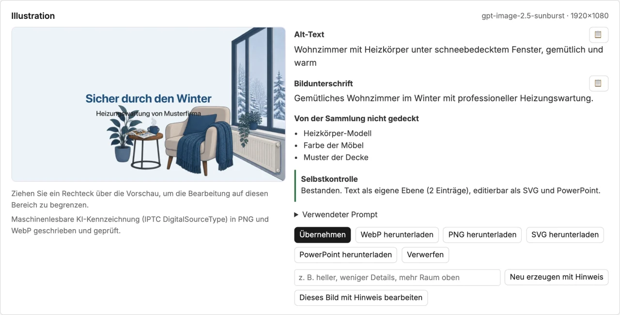 Ergebnis mit Textebene: die Prüfzeile nennt die Zahl der Beschriftungen, neben WebP und PNG stehen SVG und PowerPoint zum Download