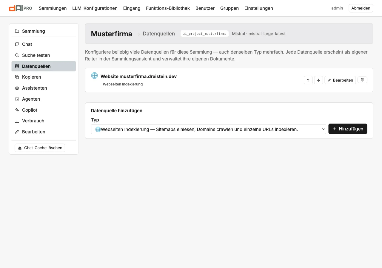 Die Datenquellen der Musterfirma mit der Website und dem Formular „Datenquelle hinzufügen“