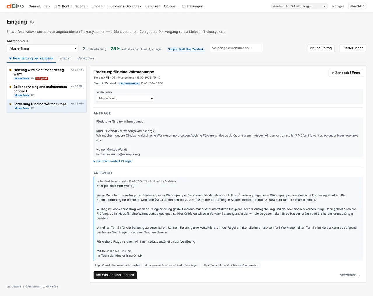Ein Zendesk-Ticket im Eingang: beantwortet in Zendesk, die Antwort steht im Verlauf