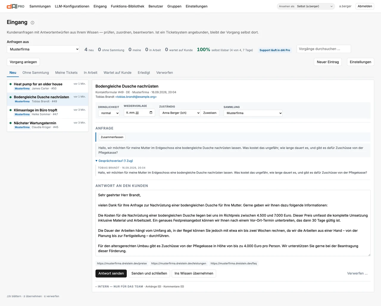 Ein Vorgang der Musterfirma mit Anfrage, Verlauf und Antwortentwurf