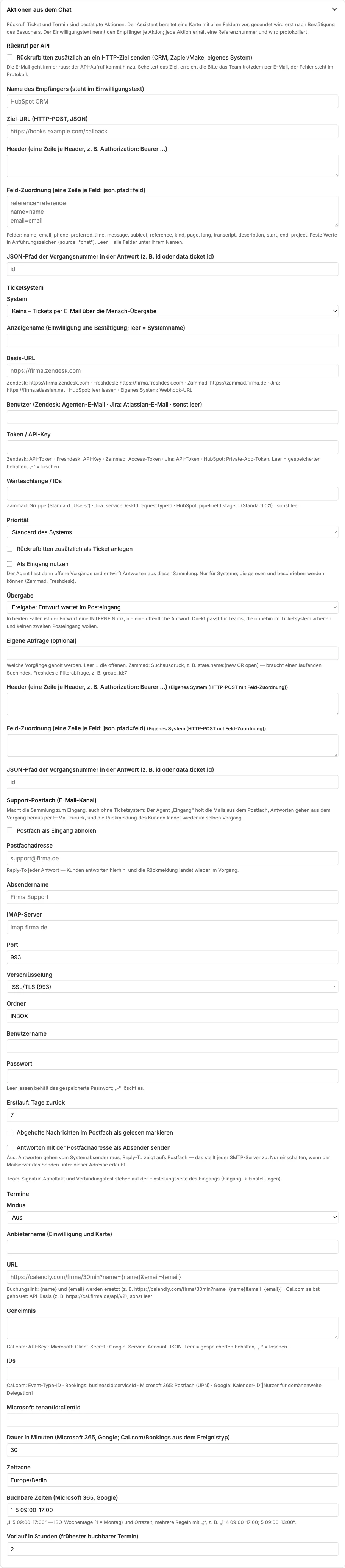 Abschnitt „Aktionen aus dem Chat“: Rückruf per API, Ticketsystem, Support-Postfach, Termine
