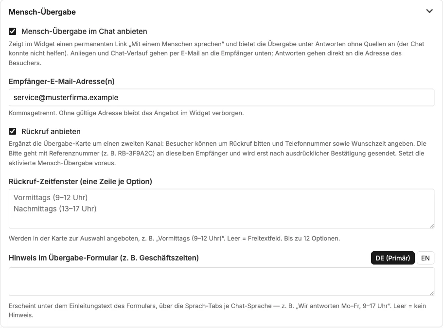 Abschnitt „Mensch-Übergabe“ mit Empfängern, Rückruf und Hinweis