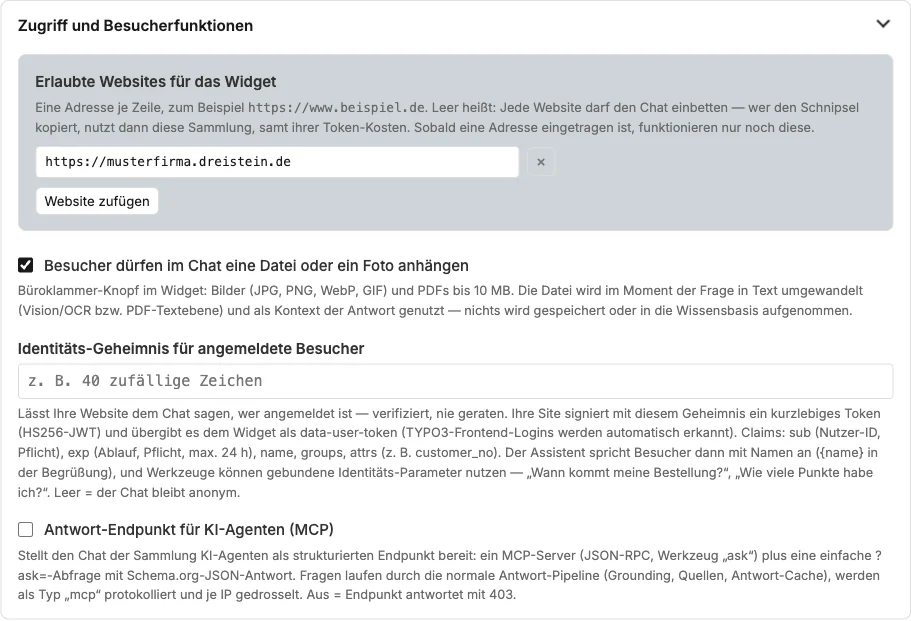 Der Schalter „Antwort-Endpunkt für KI-Agenten“ in den Einstellungen