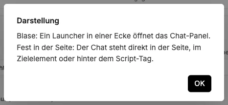 Der Hilfe-Dialog zu einer Einstellung des Chat-Baukastens