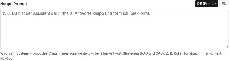Der Haupt-Prompt mit Tabs für die Primärsprache und Englisch