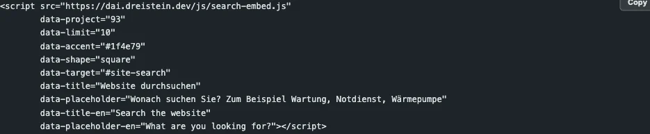 Der fertige Einbettungs-Code der Musterfirma-Suche