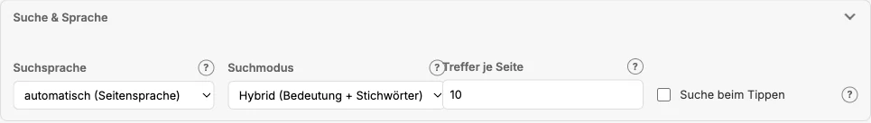 Abschnitt „Suche & Sprache“: Suchsprache, Suchmodus, Treffer je Seite, Suche beim Tippen