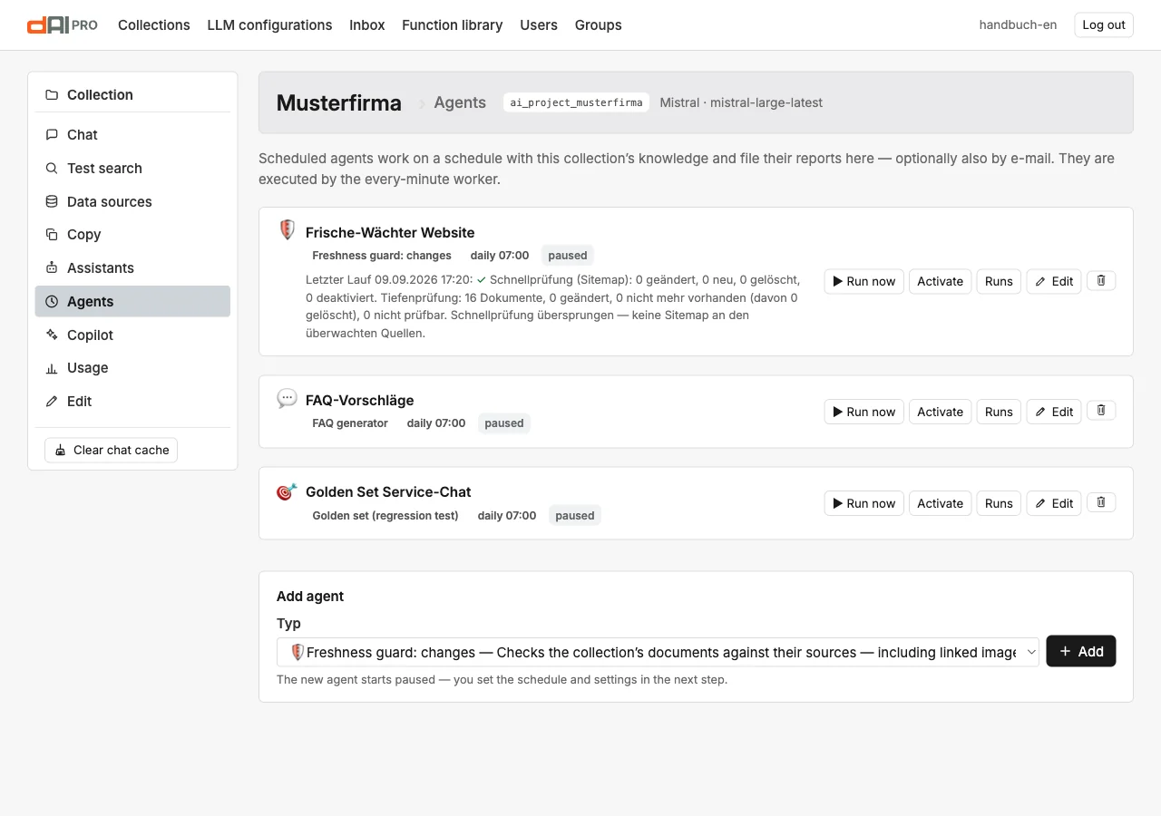 The Musterfirma agents with schedule, status and last run