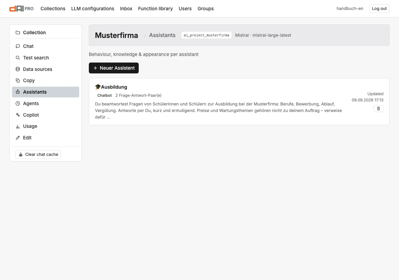 The Musterfirma assistant list with the assistant "Apprenticeship"