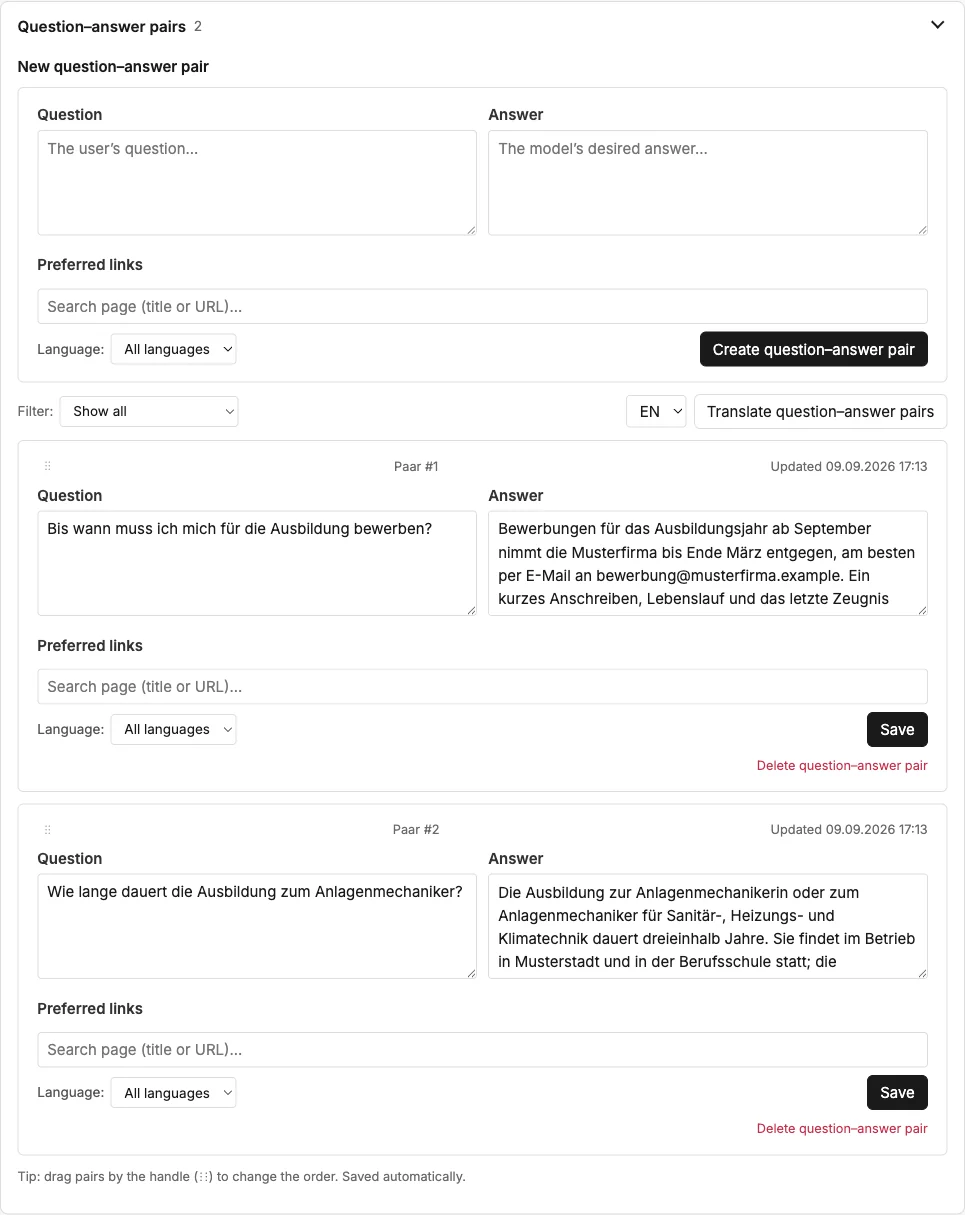 Section "Question–answer pairs" with the form and the existing pairs