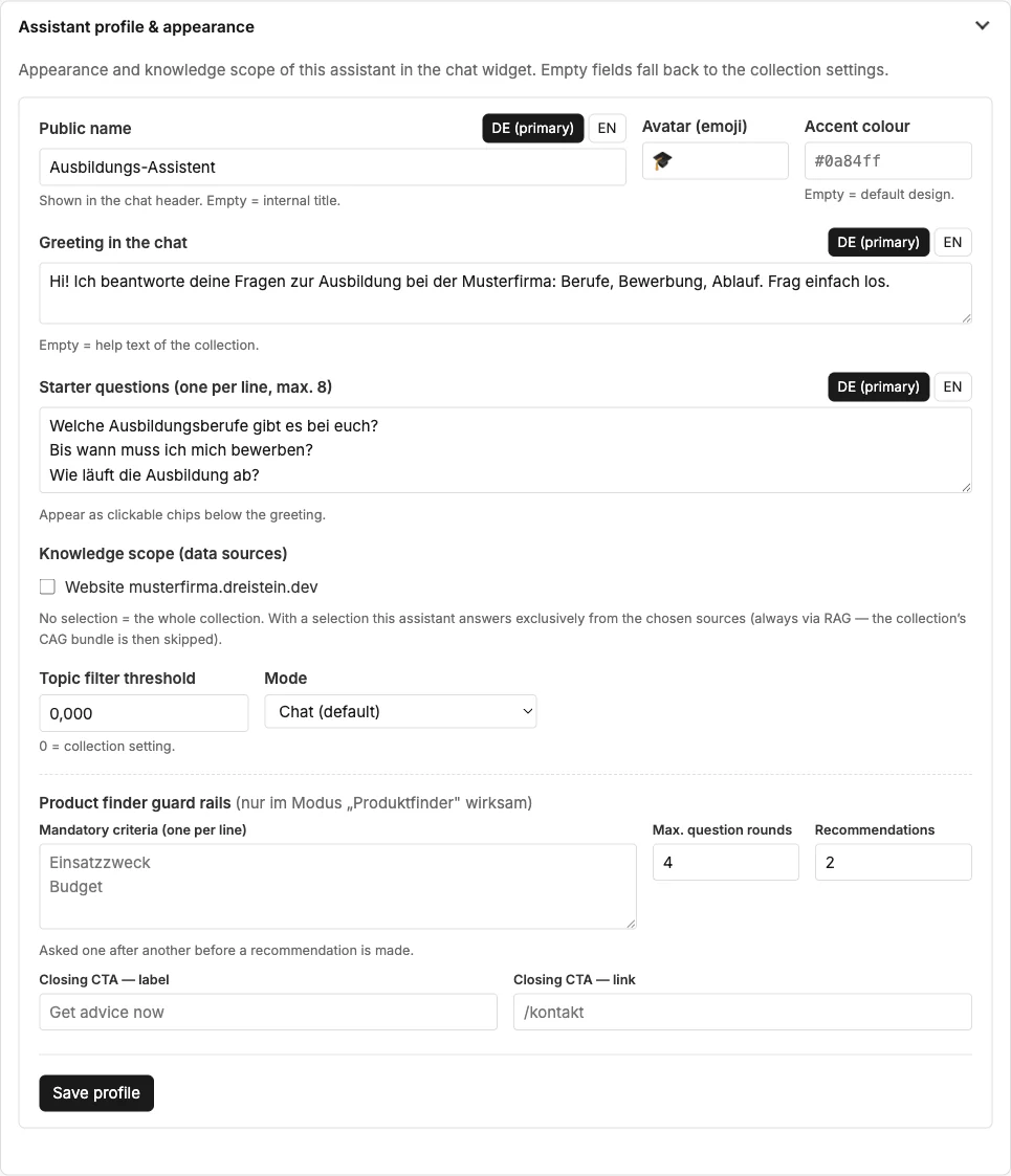 Section "Assistant profile & appearance"