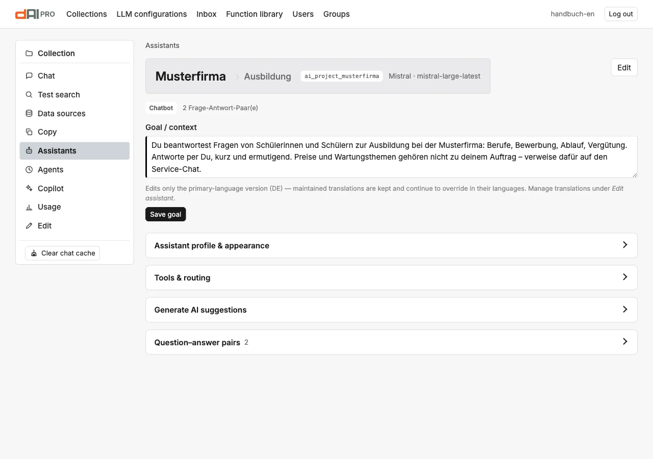 The detail page of an assistant with the goal and four sections