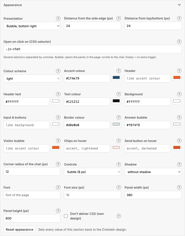 Section “Appearance”: presentation, colours, radius, font, panel dimensions