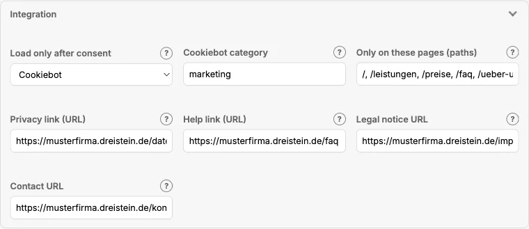 Section “Integration”: consent, page paths, links
