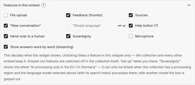 Box “Features in this embed” with ten checkboxes