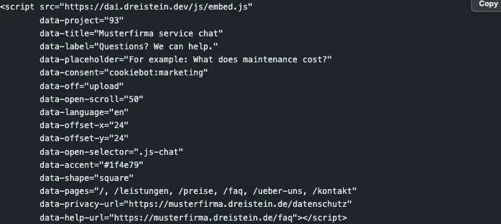 The finished embed code of Musterfirma with Copy button