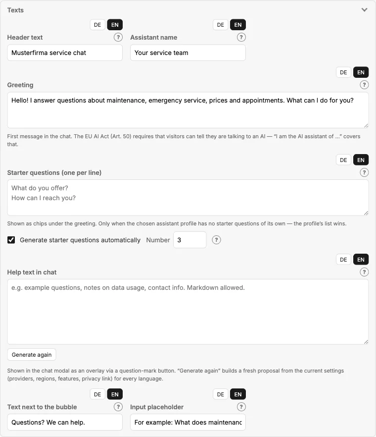 Section “Texts” with language tabs DE and EN per field