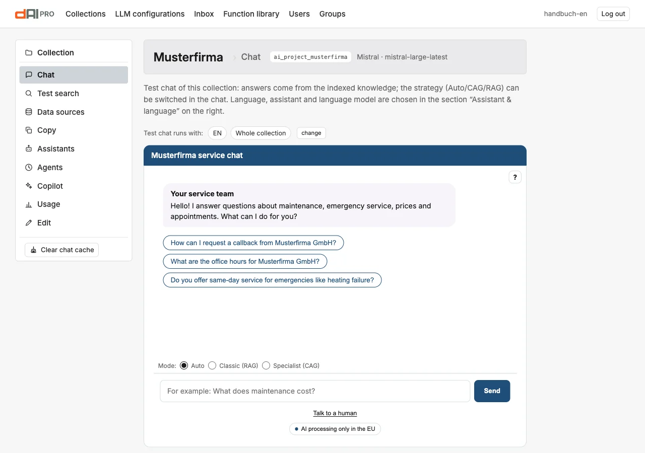 The chat page of the collection Musterfirma: the collection rail on the left, the test chat with status line at the top