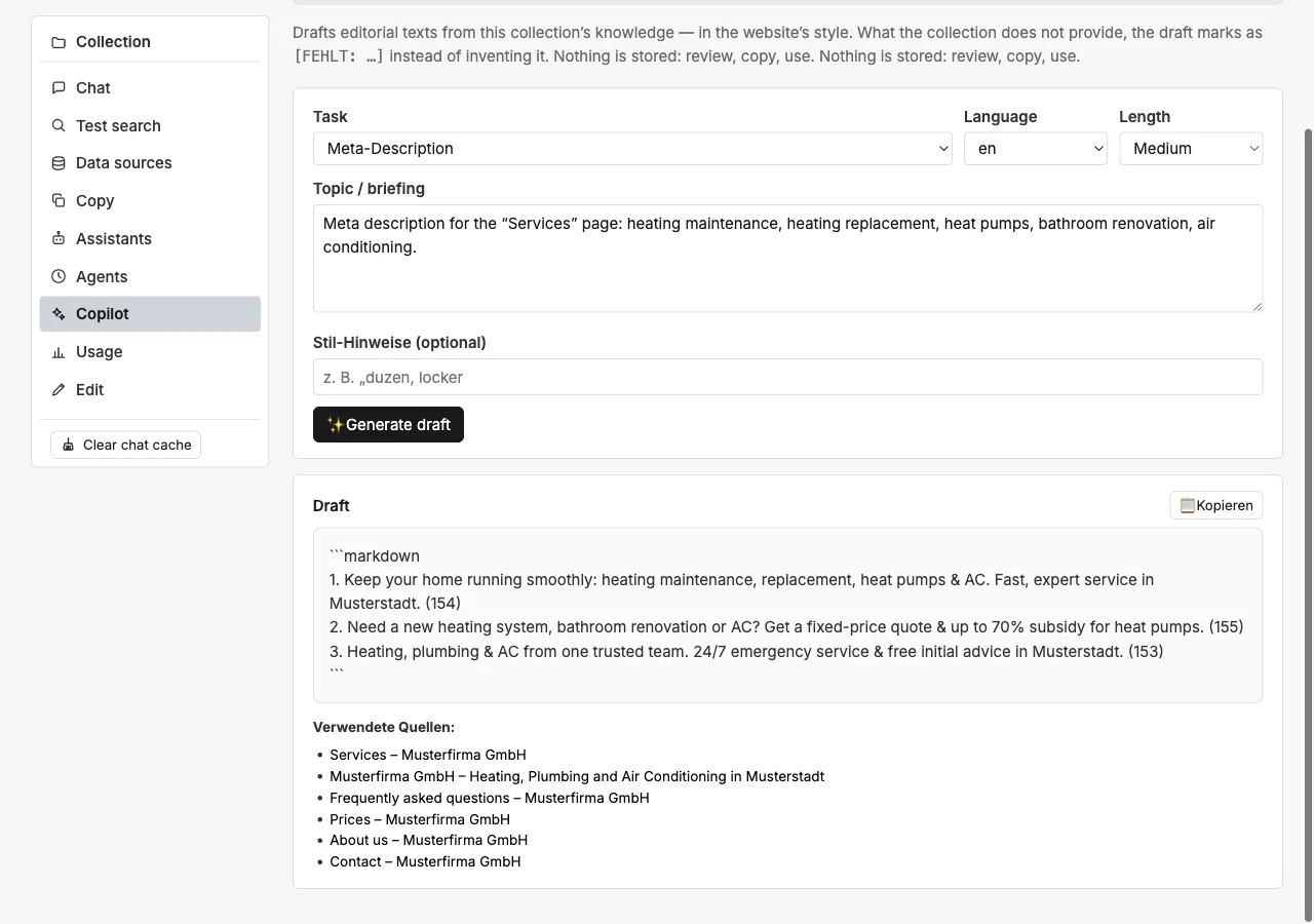 Three suggestions for a meta description with character count and copy button