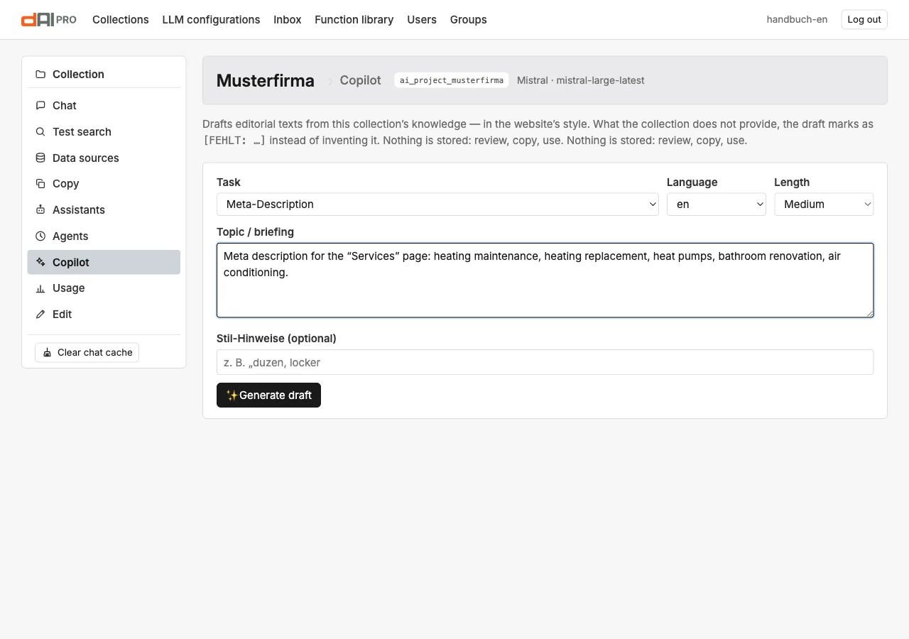 The Copilot form with task, language, length and briefing