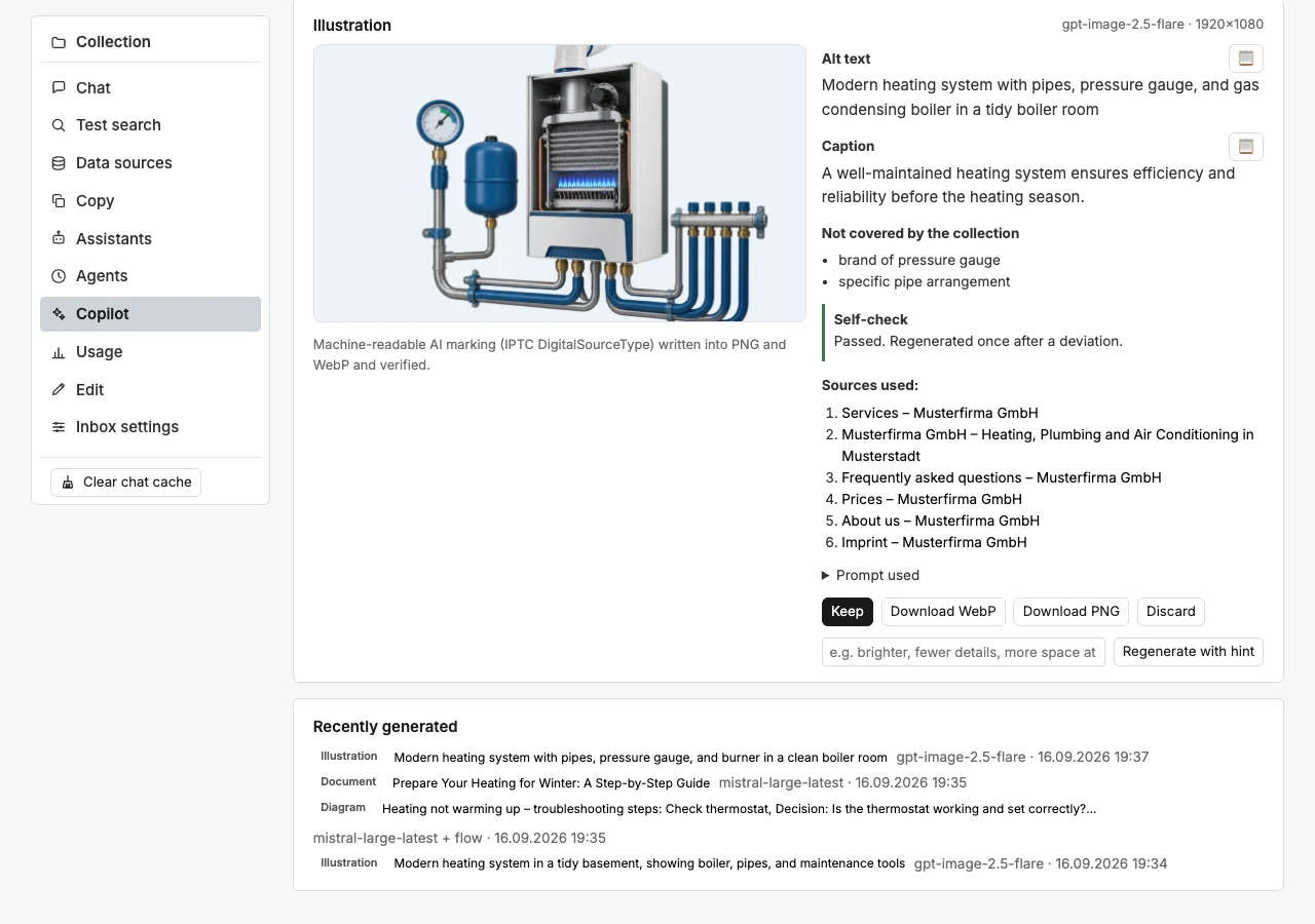 Result: preview, alt text, caption, gaps, self-check, sources, prompt used and the buttons
