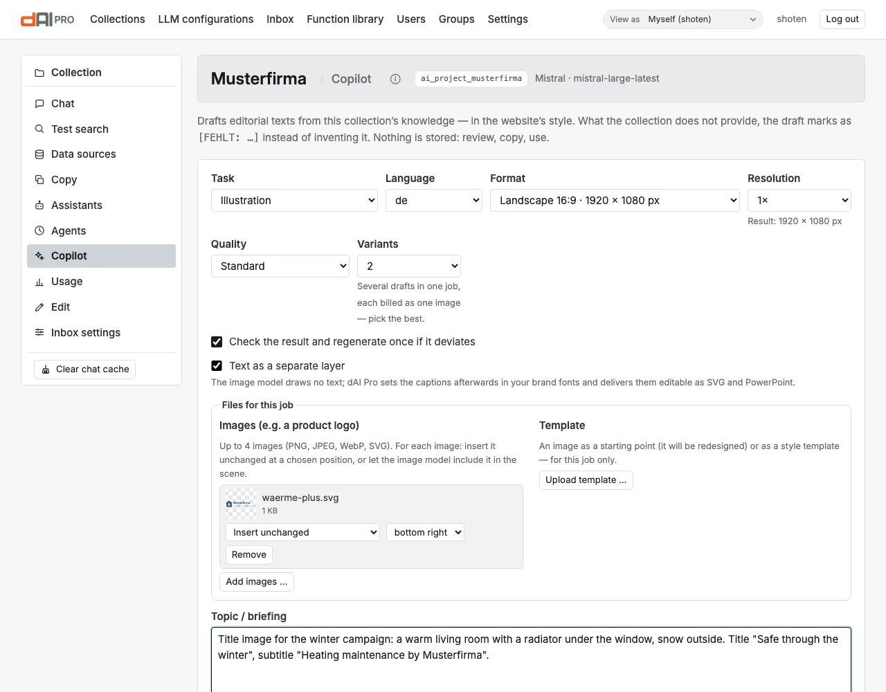 The Copilot with task “Illustration”, format, resolution, quality, variants, the checkboxes for self-check and text as a separate layer, a logo under “Files for this job” and briefing