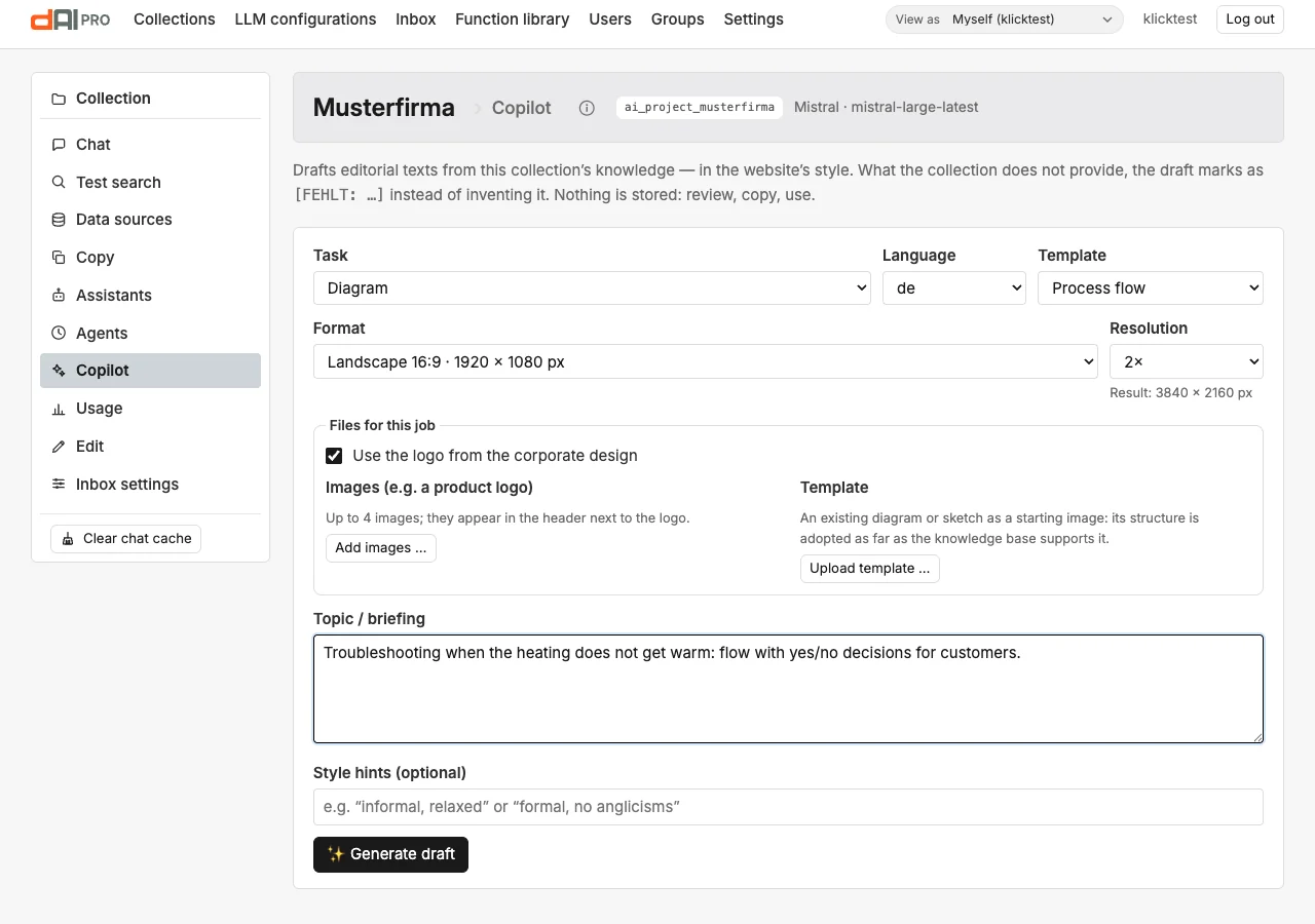 The Copilot with task “Diagram”, template, format, resolution, the logo checkbox and briefing