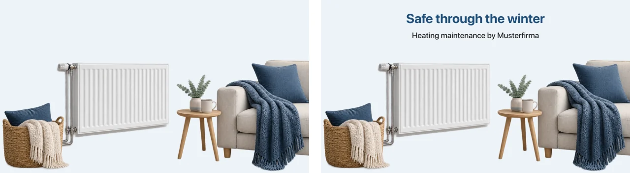 On the left the base image without text as the image model delivers it, on the right with the text layer in the brand fonts
