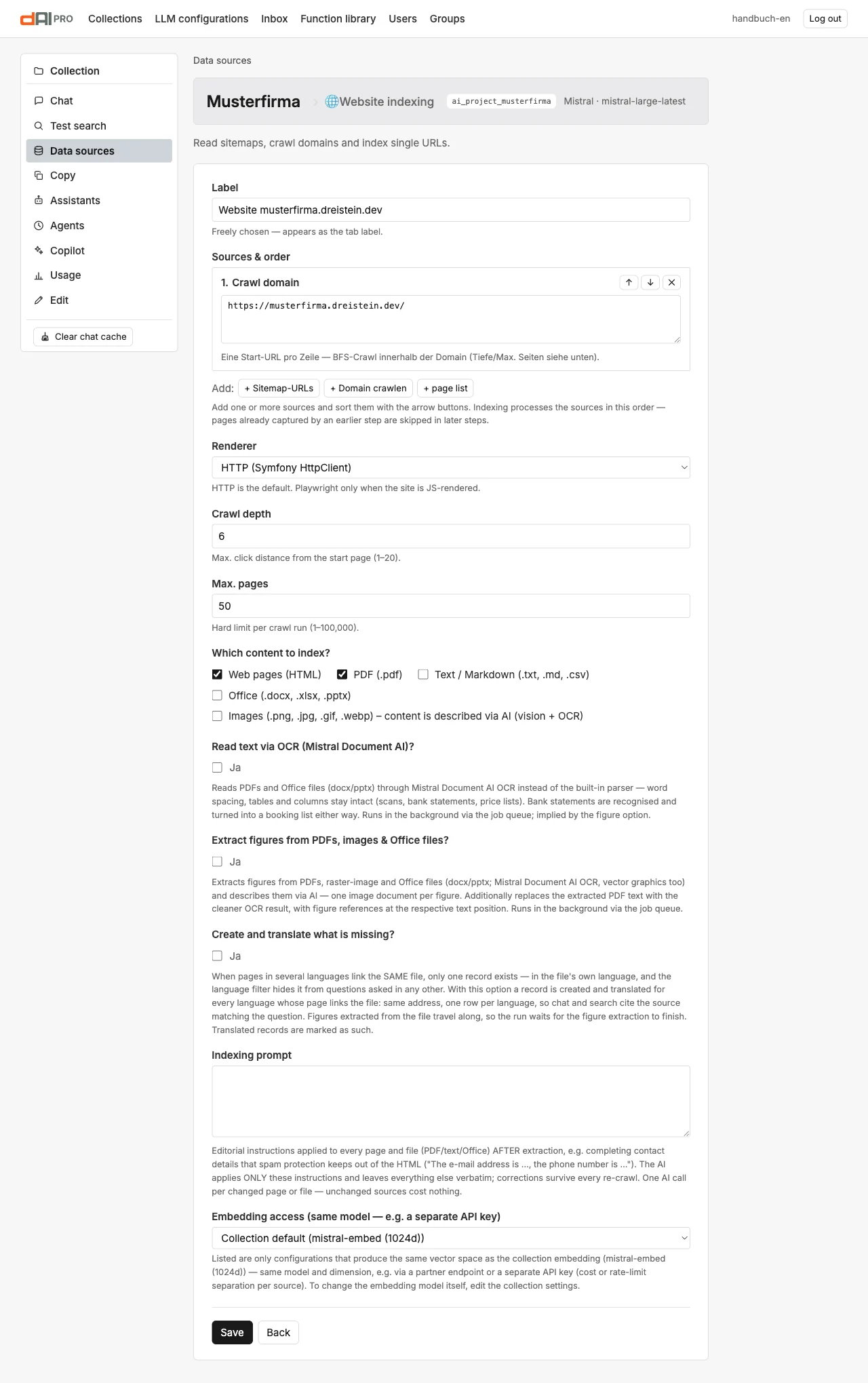 The form of the website data source with sources, crawl depth and content types