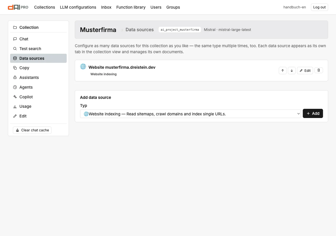 The data sources of Musterfirma with the website and the form “Add data source”