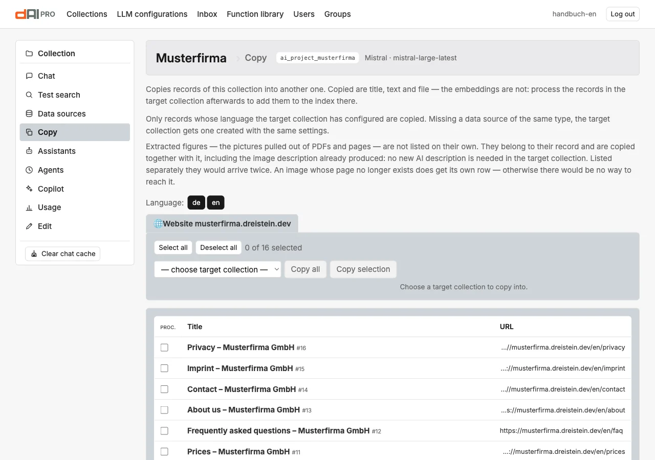 The page “Copy” with selection and target collection