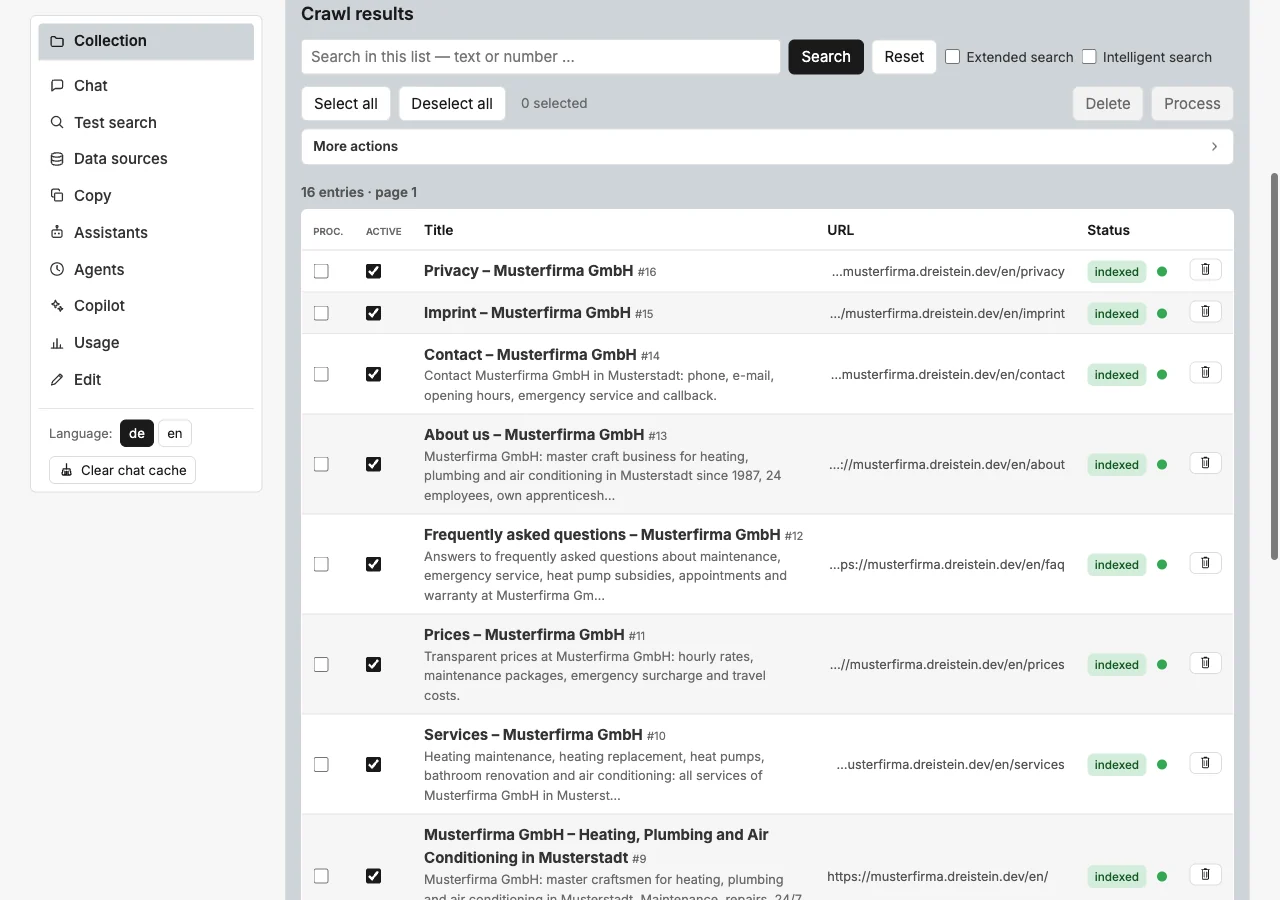 The document list with search, selection and actions