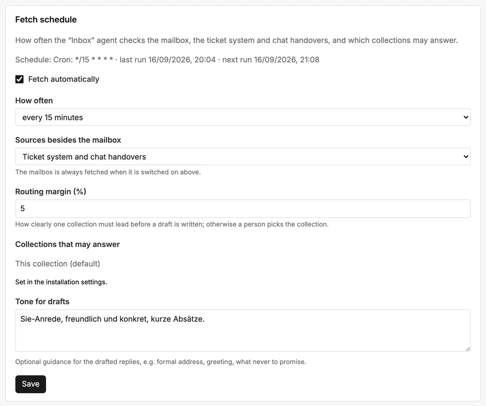 The "Fetch schedule" section: interval, sources, routing margin and tone of the drafts