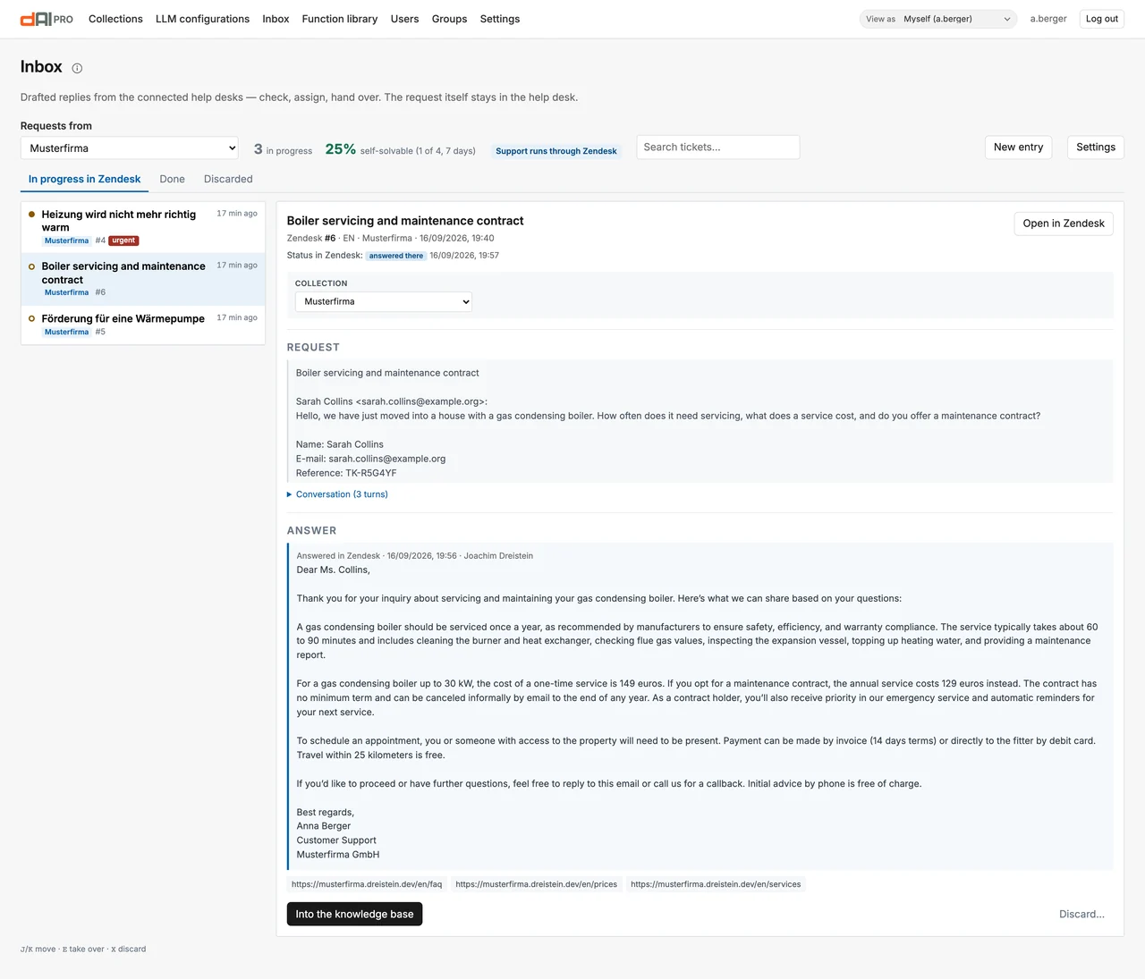 A Zendesk ticket in the inbox: answered in Zendesk, the reply appears in the history