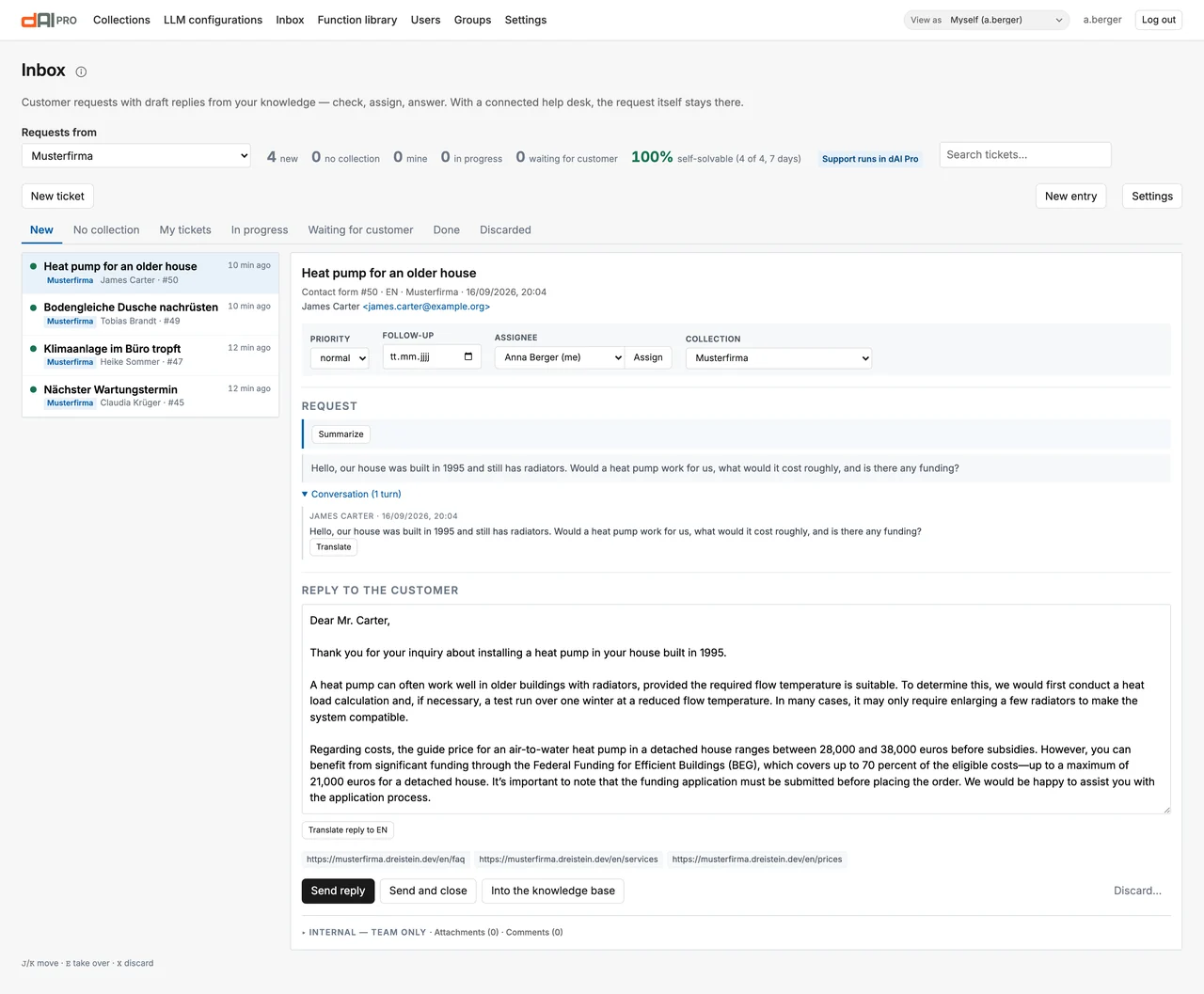 A Musterfirma case with request, history and reply draft