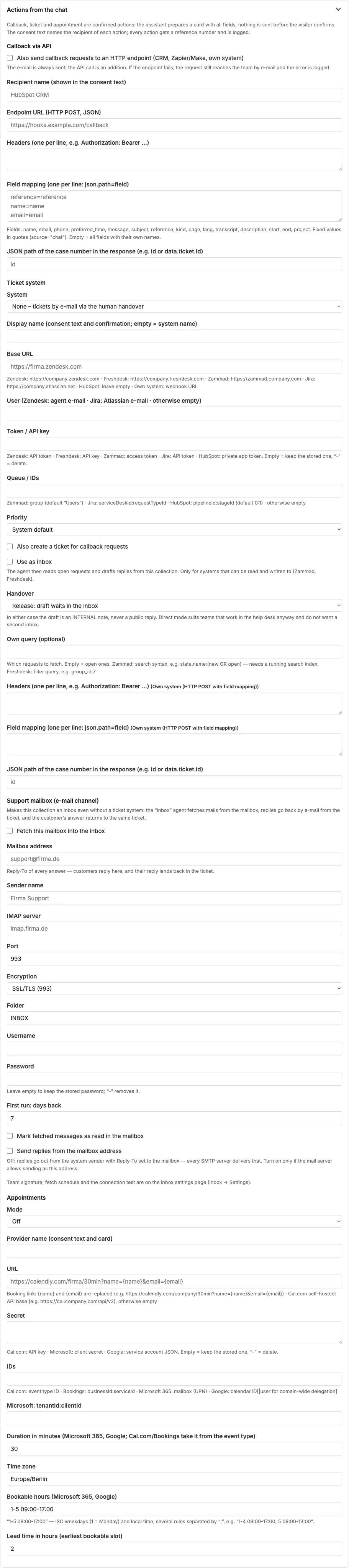 Section “Actions from the chat”: callback via API, ticket system, support mailbox, appointments