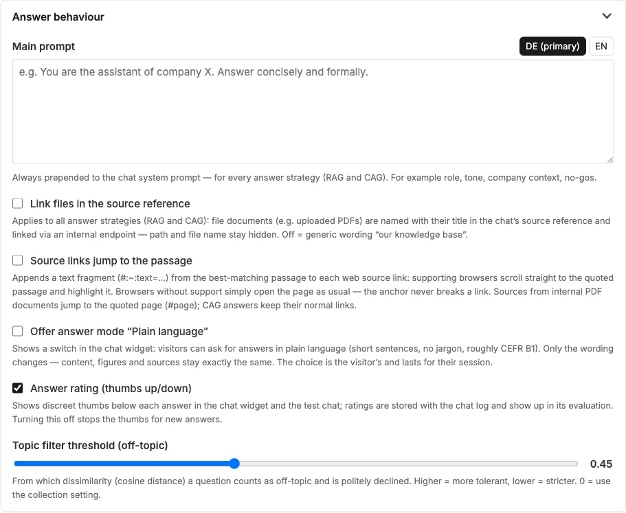 Section “Answer behaviour”: main prompt, sources, plain language, rating, threshold