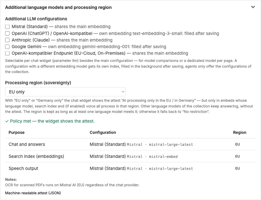 Section “Additional language models and processing region” with the region check