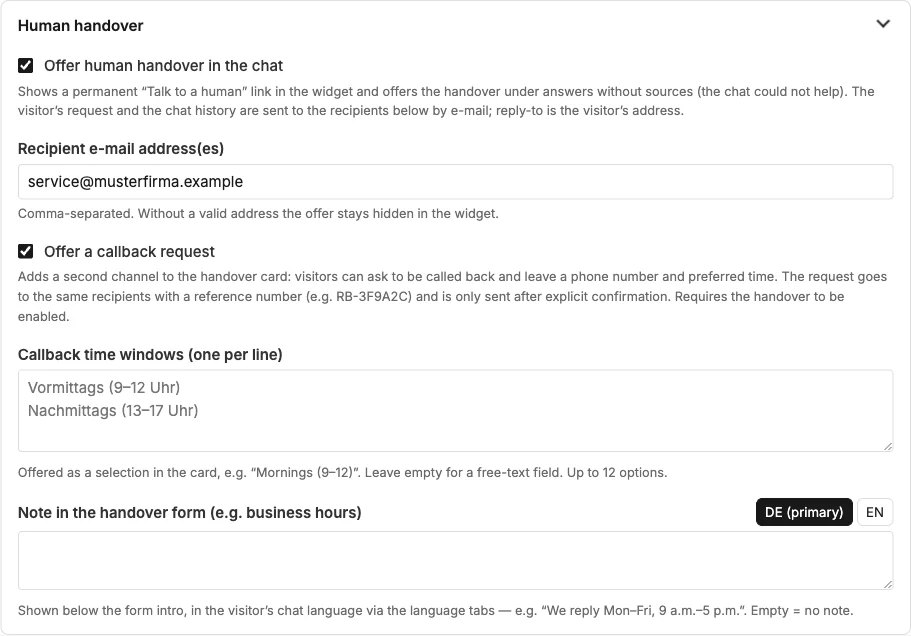 Section “Human handover” with recipients, callback and note