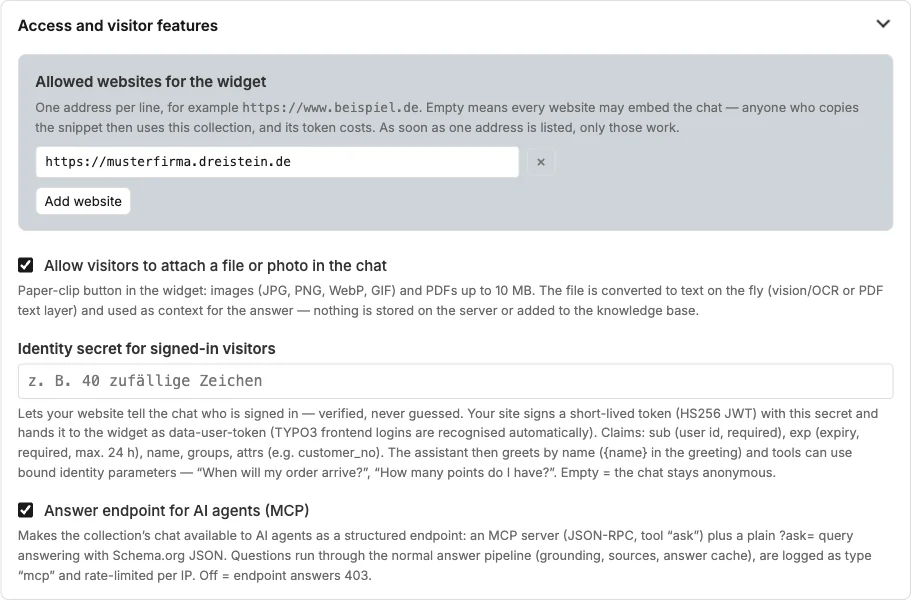 The switch "Answer endpoint for AI agents" in the settings
