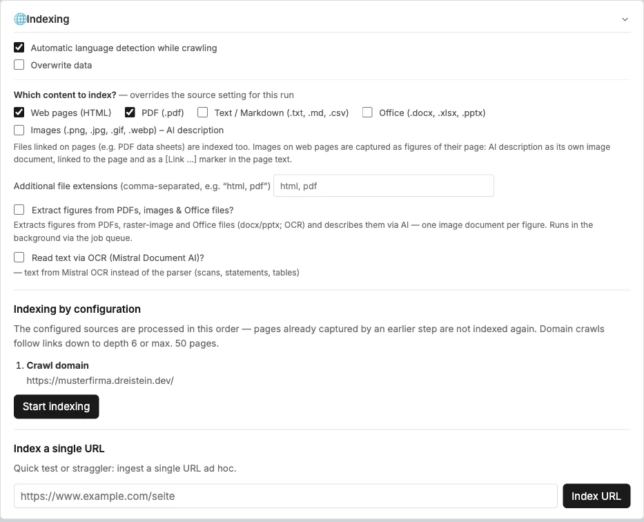 The “Indexing” box with the “Start indexing” button